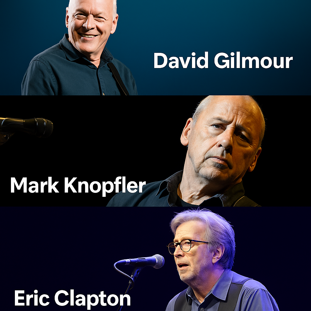 Celestial Poet, Quiet Storyteller, Blues Messiah: Gilmour, Knopfler, and Clapton Redefine Guitar Soul.